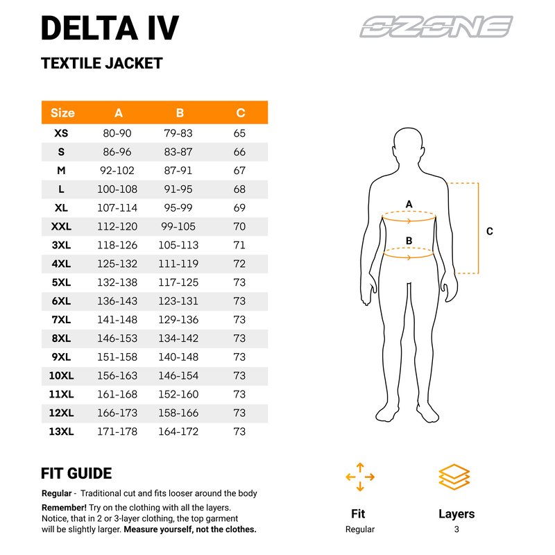 Tabela rozmiarów kurtki motocyklowej Ozone Delta IV